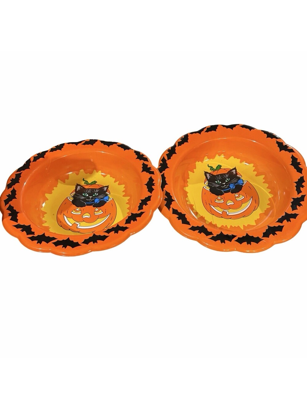 SET OF 2 VINTAGE Halloween Plastic Trick or Treat Candy Bowl 90’s  Pumpkin Cats